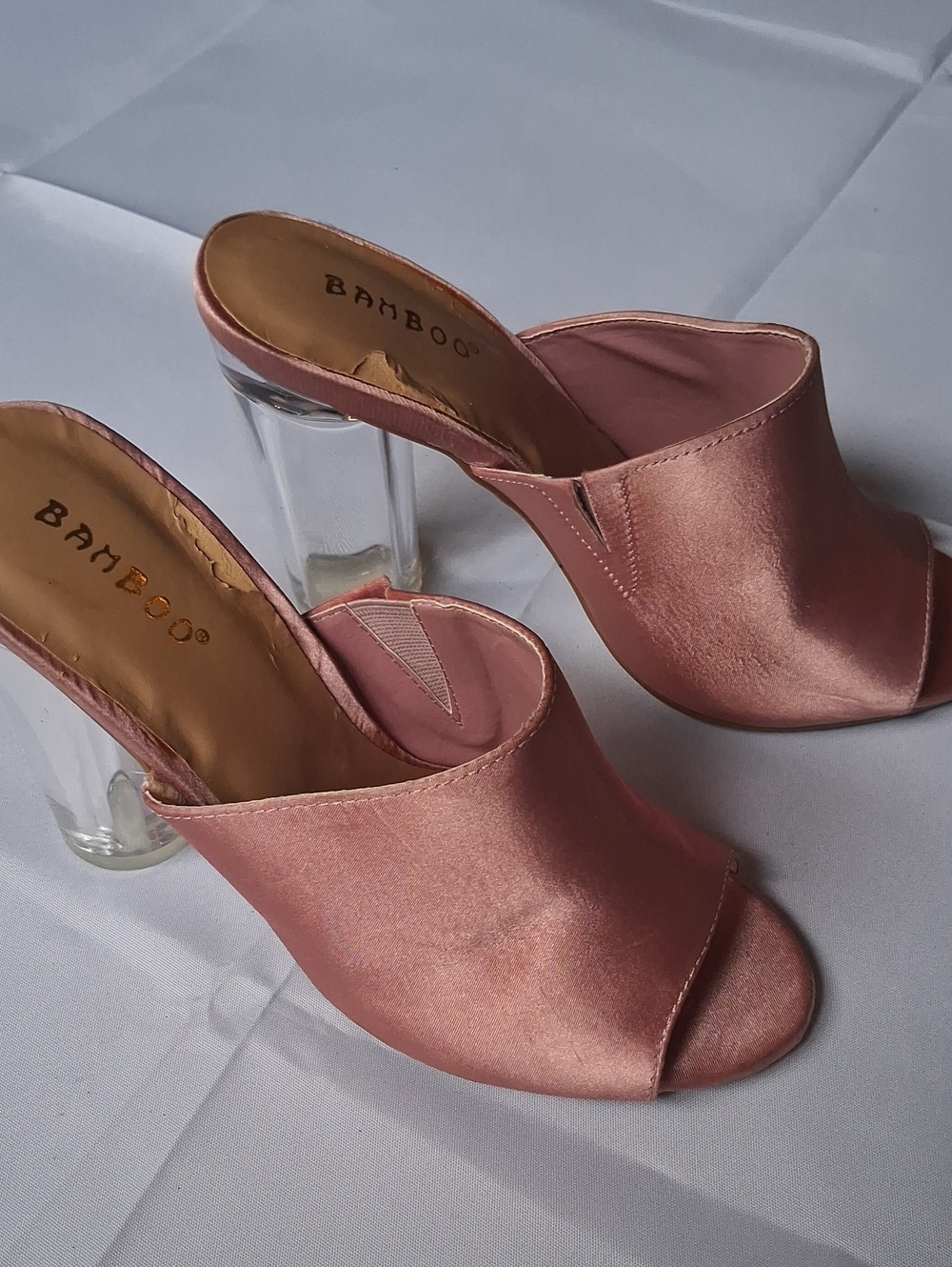 BAMBOO Rose Satin Open-Toe Mules with Clear Block Heels